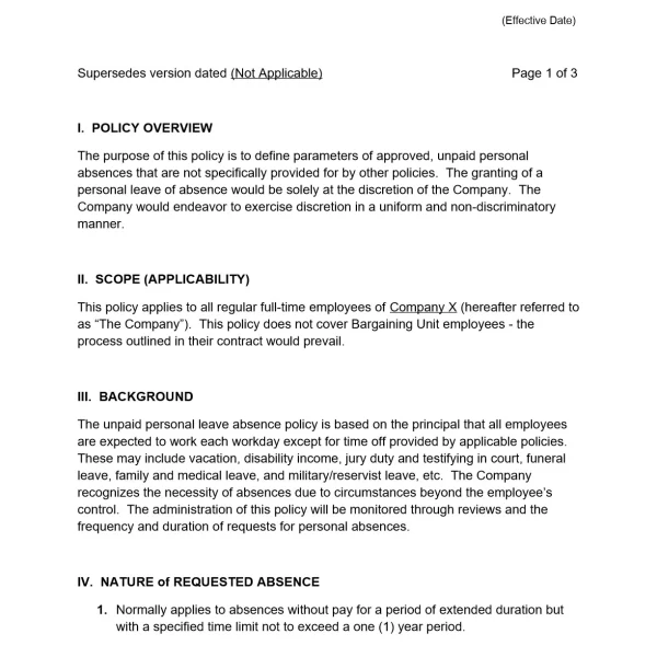 Leave of Absence Personal Policy