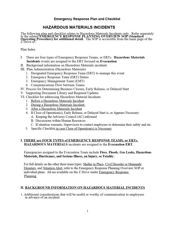 Emergency Response Plan for Hazardous Materials Incidents
