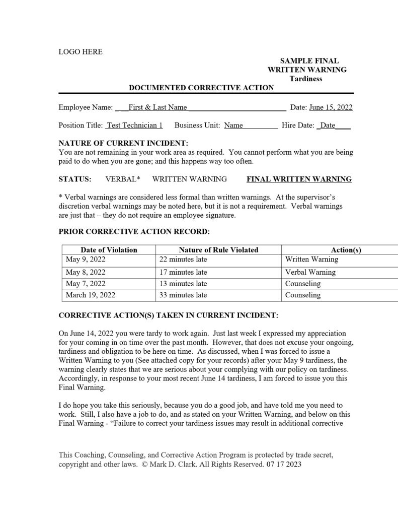 Final written warning sample for tardiness document template