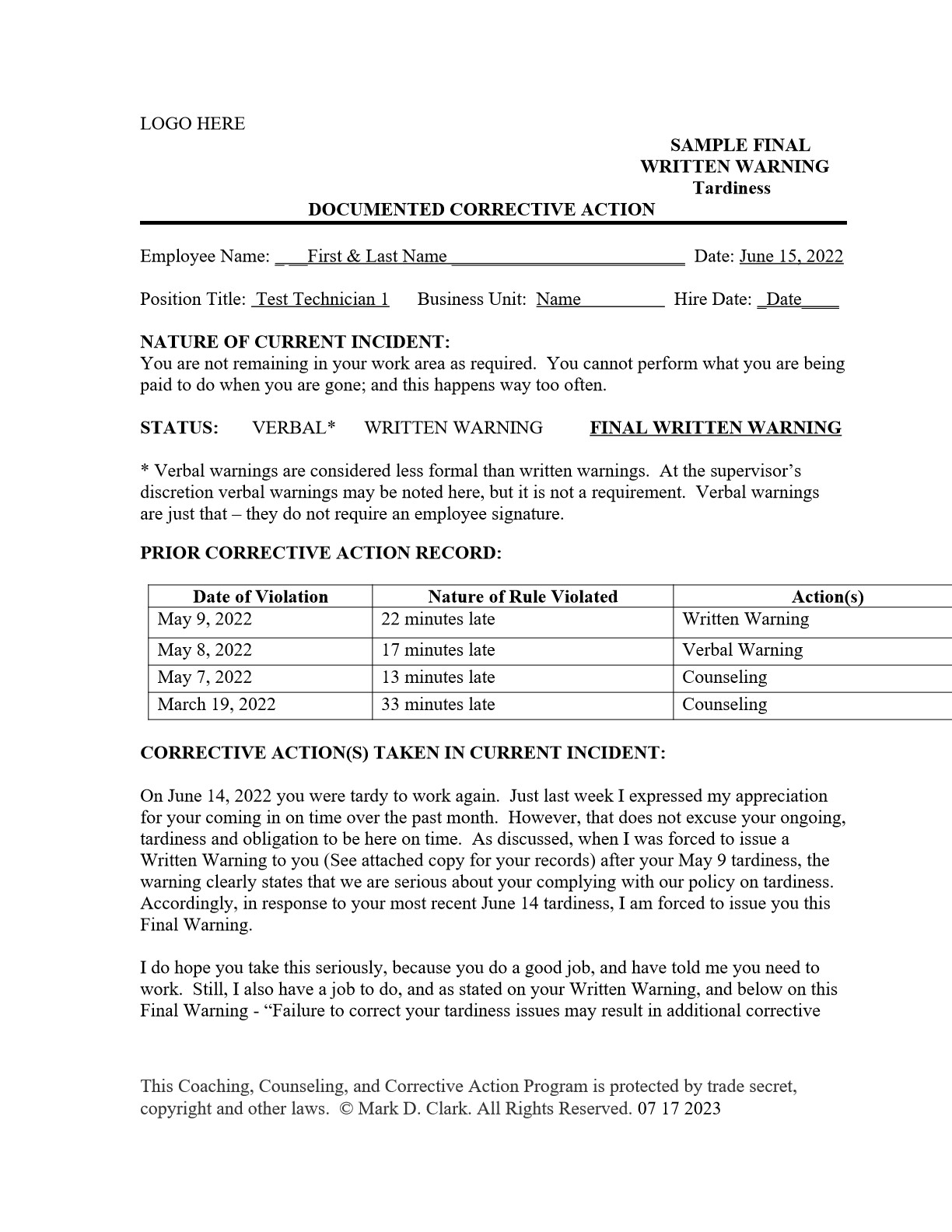 Final Written Warning Sample For Tardiness Document Template