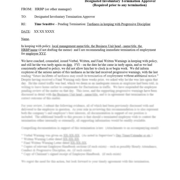 Memo to Designated Involuntary Termination Approver