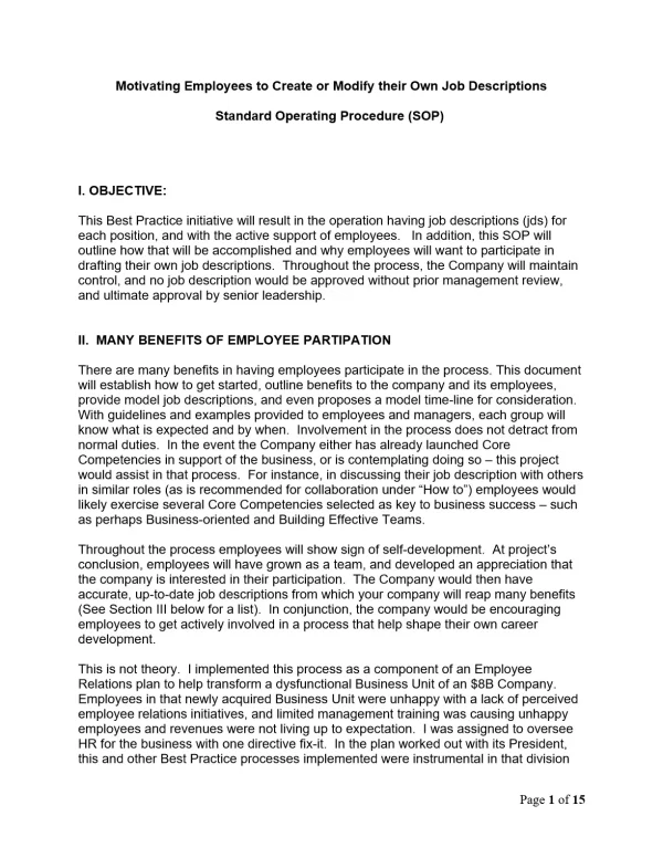 Job Position Descriptions Employee Involvement Initiative