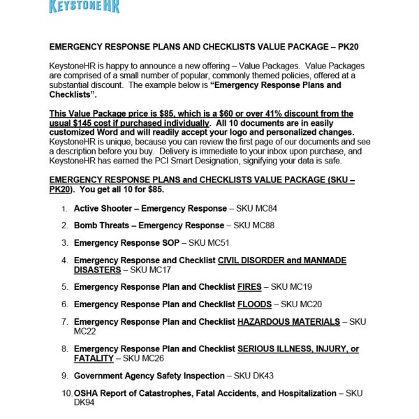 Emergency Related Policies, Plans, and Checklists Value Package